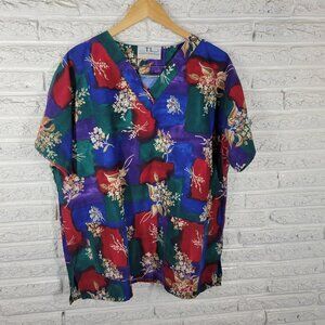 TL Uniforms Unisex Scrub Top XL Blue Red Green Floral Pockets Medical FLO254E